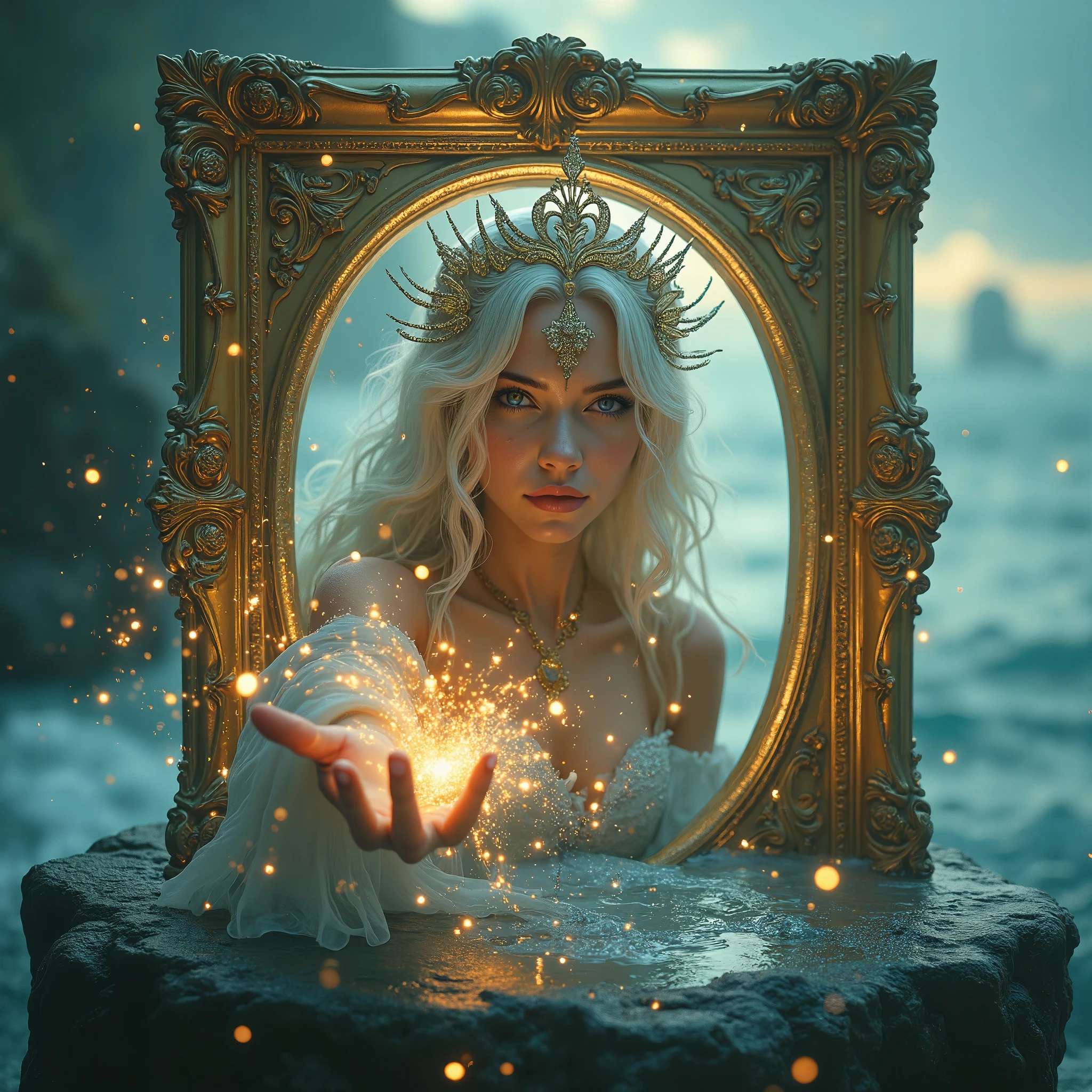 close up head, front face, sea queen, ((best quality)), ((masterpiece)), (detail),((best quality)), ((masterpiece)), ((fan fiction magic)), a huge picture portal in a golden frame lies on a stone near the ocean, on The picture shows a mermaid, she stretches out her hand from the portal, and in her hand there are magical sparks, long white hairs, gold diadema, asy style, hd,
