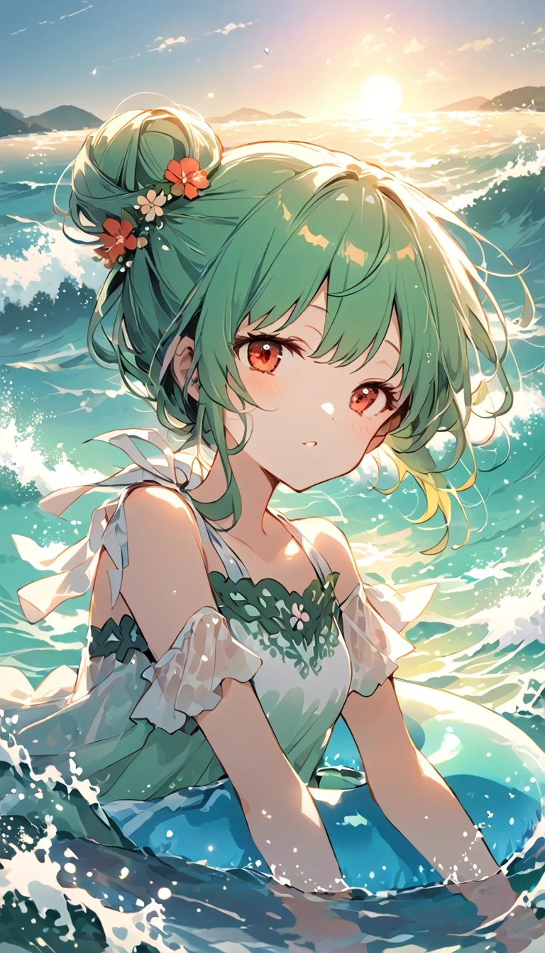 (((Young Girl)))、(( 1 girl)),( Red Eyes),（Short stature）,(Slanted Eyes),(( emerald green hair ))、( bun hair)、Young appearance、(( swimsuit))、In the water、One side of the sea、(((Girl ride on the innertube)))、Vector art、spirit of the wind、Backlight、Bright in backlight、Sun behind、Summer sky、cumulonimbus、Narrowed eyes and a happy look、cheek、The waves splash and the water shines beautifully.