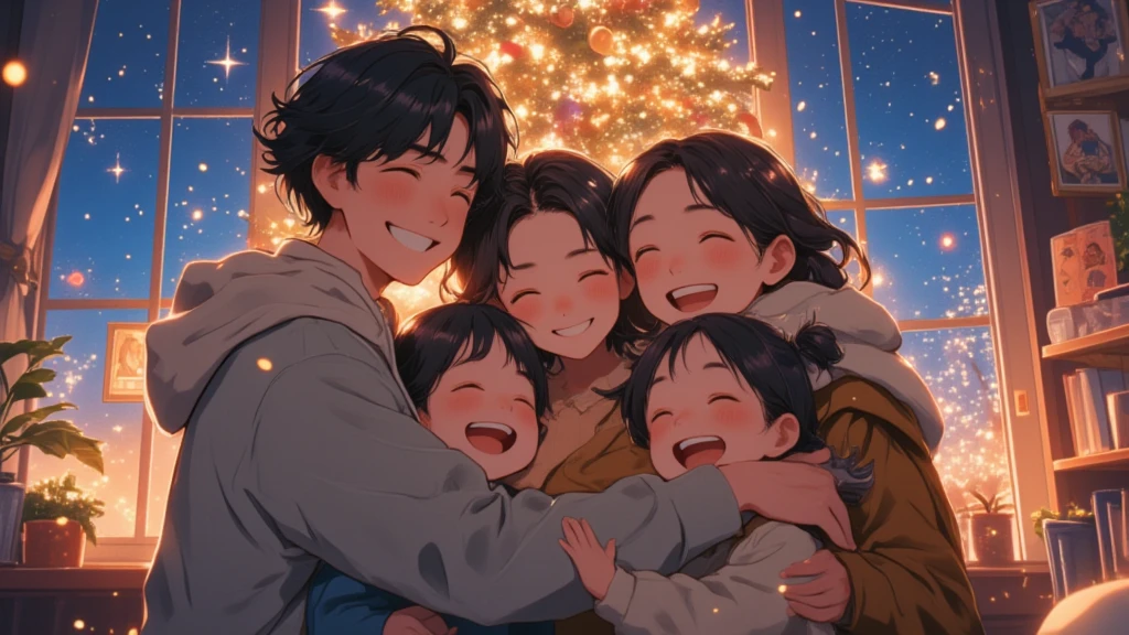 (Masterpiece, high quality, high definition, 4K, 8k,（（ anatomically correct human body 、Detailed face））、Cute anime style、detail、）、Christmas Night、 I'm trying to take a commemorative photo of my family in front of my Christmas tree、 What are cool dads and cute moms（ is a cute middle school student and 1 5-year-old boy 、1 girl is 10 years old ） hugging her 、 everyone in the family is smiling and having fun 、 the Christmas tree decorations are sparkling 、 outside the back window is snowing in the dark at night 、Happy family atmosphere 、Cute Anime 、 wrapped in the soft, warm light of the house 、（ anatomically correct human body 、Detailed face、）、Arrange photo frames diagonally 