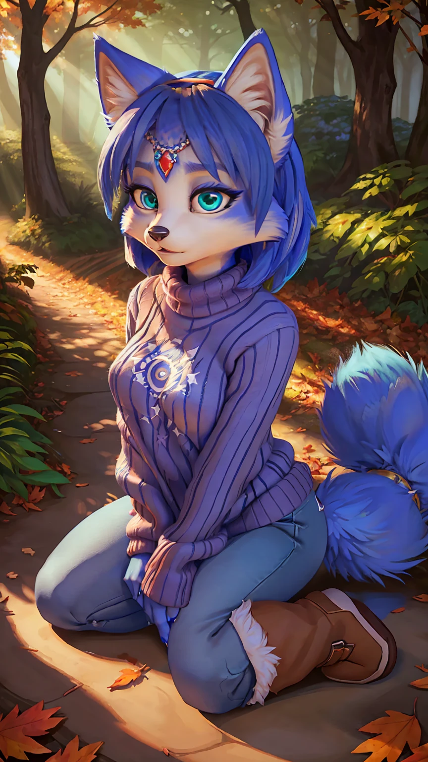 A beautiful and detailed (sweet portrait) wa ((Krystal)), Star Fox Krystal, sslim, lovable, green eyes, medium breasts, (((Long blue hair 1.3))), Decollete, anthro, furry, Uploaded E621, detailed fluffy fur, (wa Fluff-Kevlar, Bayard Wu, Personalami, Pino Daeni), detailed face, (fluffy), 1 girl, alone, sweet girl, ((lies on a meadow:1,3)), looks at the viewer, viewer is above the, Hands over the head, Her whole body can be seen
