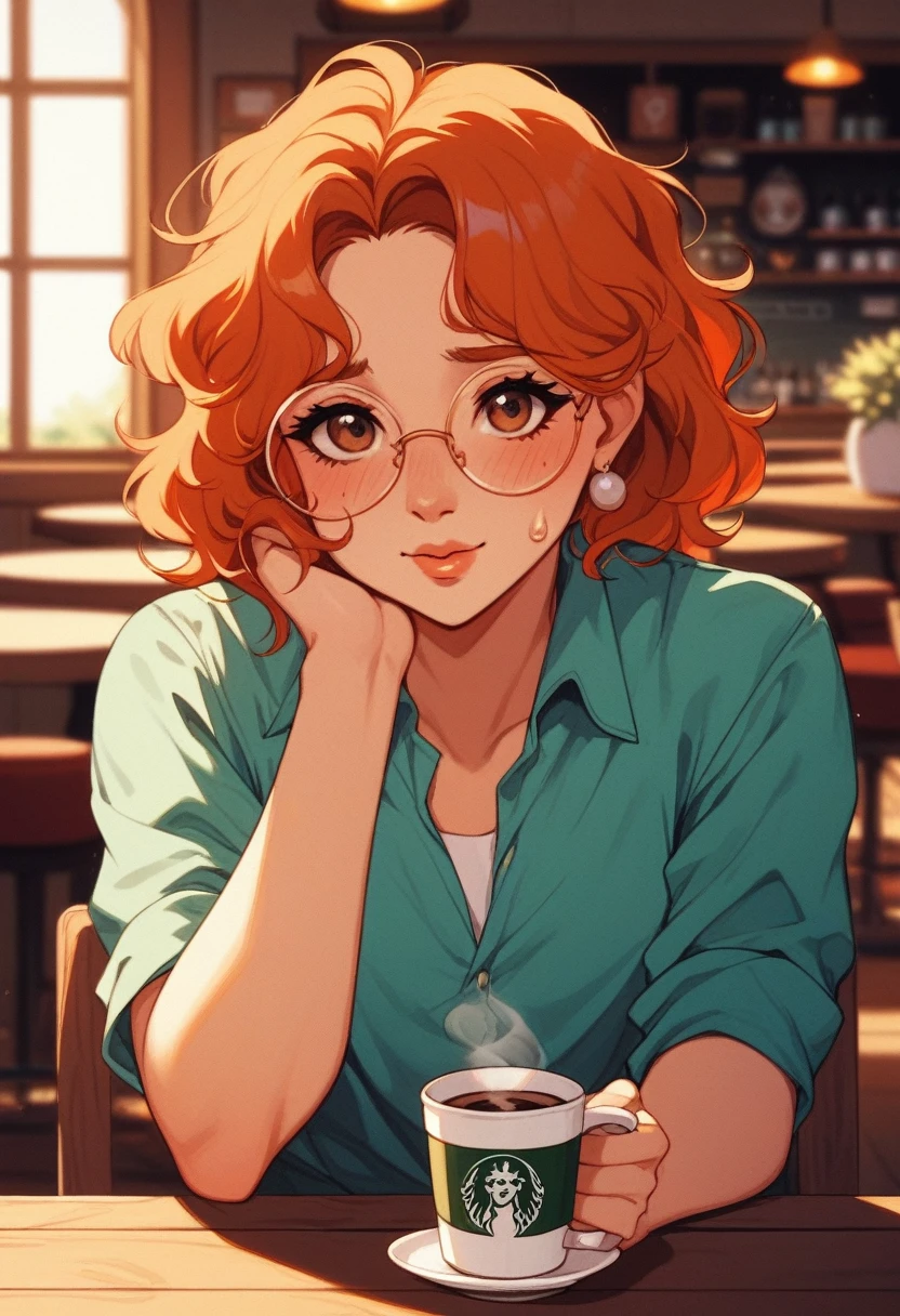 
A highly detailed illustration of a mature, androgynous woman in a cozy cottage-style cafe. She has short, messy orange hair framing her face, complementing her perfect brown eyes with round glasses perched on her nose. Her slim figure reflects her shy, anxious demeanor as she nervously holds two coffee cups, offering them with a slight sweat on her forehead, showing a hint of panic and uncertainty. She gazes at the viewer with her head slightly bowed, adding a sense of vulnerability. The warm, rustic ambiance of the cafe features wooden furniture, soft lighting, and a welcoming, homey feel. The scene captures the intricate details of her expression and surroundings, blending realism with an inviting aesthetic to enhance her nervous yet endearing presence in this cozy environment.