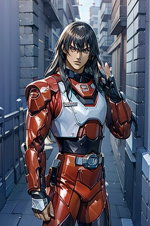 ( Best Quality ),Back Alley, クールでハンサムな顔の日本人美しいセクシーな若いホスト18 years old, Host handsome ,  beautiful sexy young Sentai hero ,  shiny squadron hero suit , 18 years old,  toned and muscular ,  cool and handsome face ,, Tall, Long Hair, Long bangs , Sentai Hero is cornered by the wall 、 raise both hands、Surrender,Frightened expression