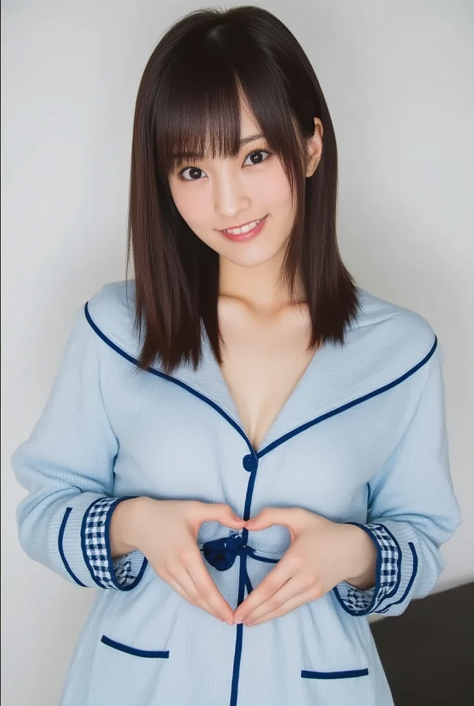 Only one woman with a cute smile is in a pose wearing off-shoulder pajamas, making a firm big heart shape with both hands, and holding them in front of her chest, View above collarbone、The background is a monotone 

