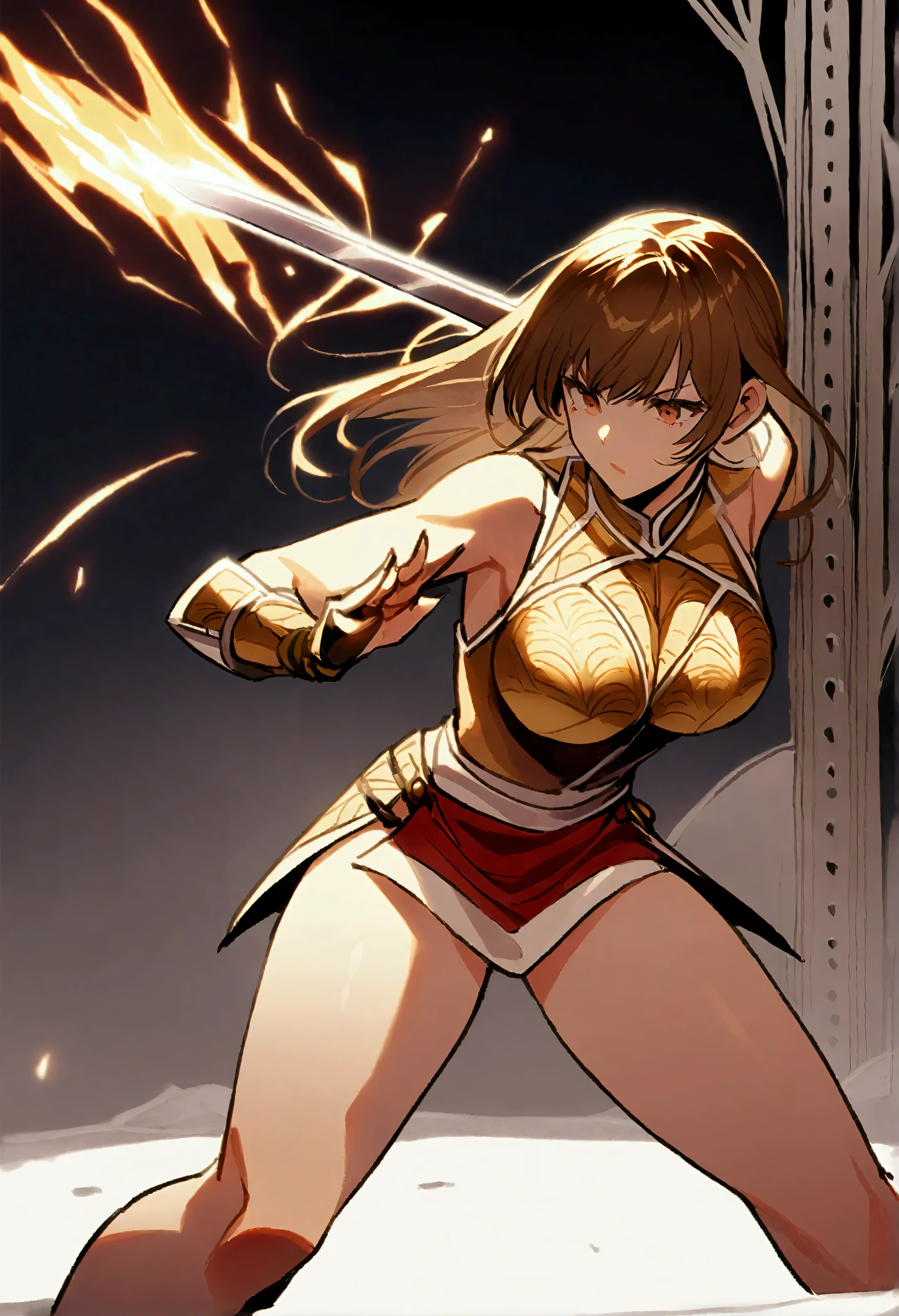 young woman , narrow waist, 155 cm large,   brown long hair   ,    in light armor and with a two-handed sword,   standing in fighting position and with momentum ,    ready for a horizontal blow    ,  large ,Breasts 95 EE    ,    full body shot   ,  Rüstung mit V-Ausschnitt und largeem Dekolleté ,  sexy metal armor   ,  leather miniskirt, Beautifully drawn ,  adjust the look to Kasumi , dynamic pose