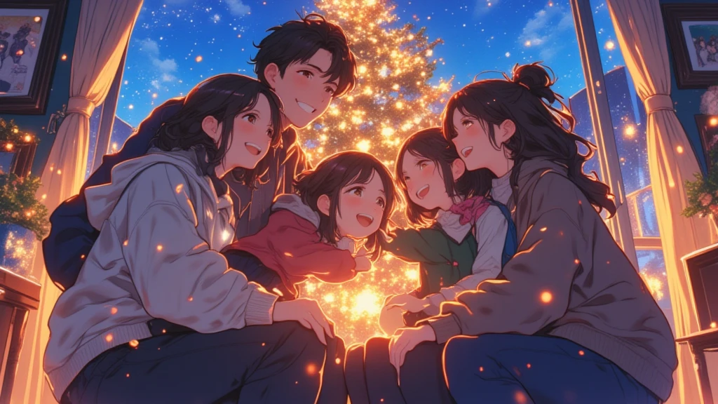 (Masterpiece, high quality, high definition, 4K, 8k,（（ anatomically correct human body 、Detailed face））、Cute anime style、detail、）、Christmas Night、 I'm trying to take a commemorative photo of my family in front of my Christmas tree、 What are cool dads and cute moms（ is a cute middle school student and 1 5-year-old boy 、1 girl is 10 years old ） hugging her 、 everyone in the family is smiling and having fun 、 the Christmas tree decorations are sparkling 、 outside the back window is snowing in the dark at night 、Happy family atmosphere 、Cute Anime 、 wrapped in the soft, warm light of the house 、（ anatomically correct human body 、Detailed face、）、Arrange photo frames diagonally 