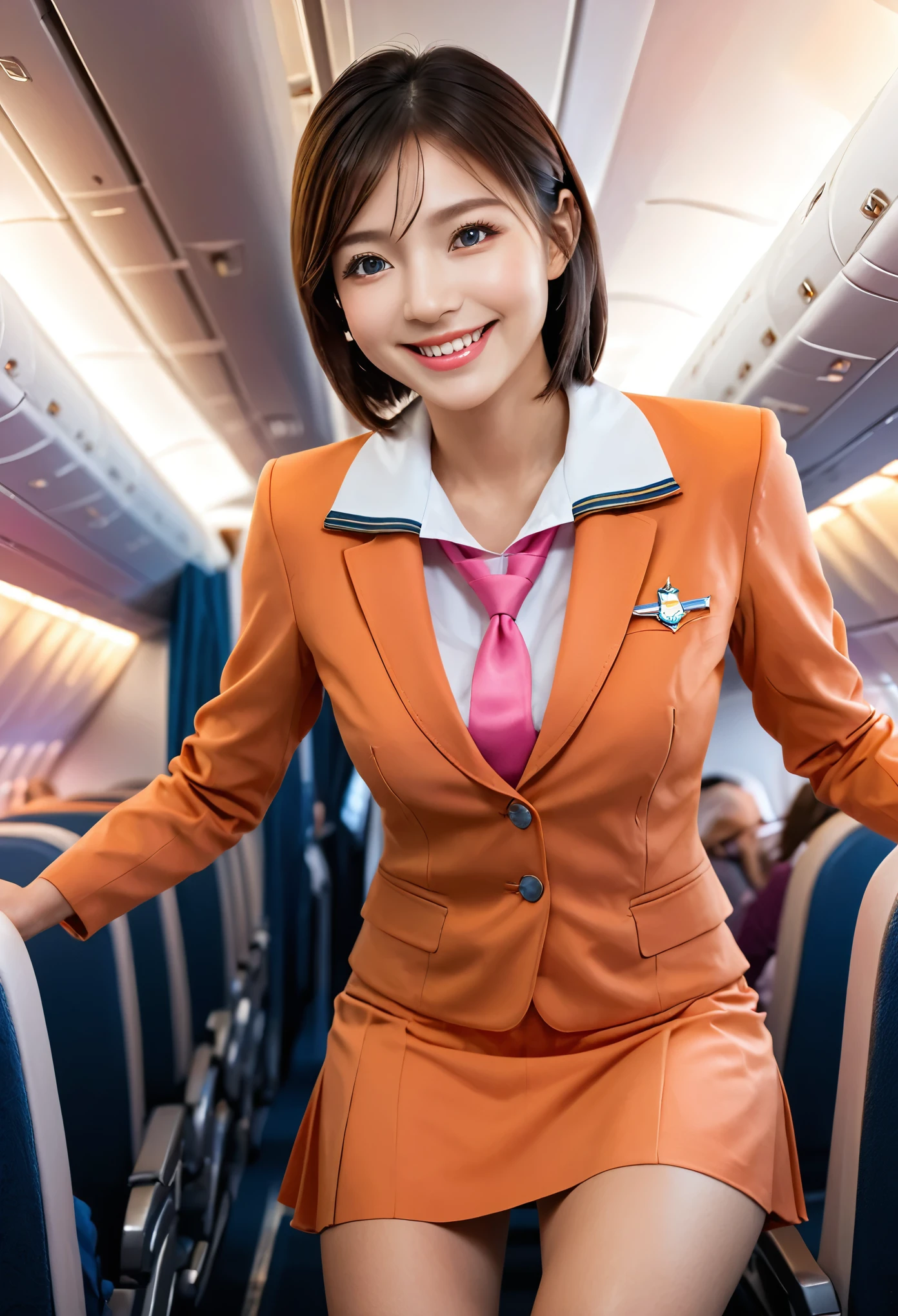 ultra detailed,8K,super fine illustration,highly detailed beautiful face and eyes,perfect anatomy,professional lighting,1 flight attendant,(solo:1.3), microskirt and boots uniform,orange and pink dress,smile,airplane interior,dynamic angle,depth of field,