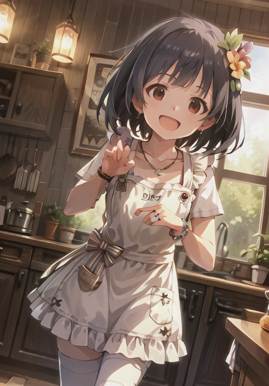 This is Nakatani ( million people live),
(Best Quality, 8k, masterpiece, Super detailed:1.2), Gothic Tower Fashion ,Light Particles,Sparkle, wide shot, depth of field ,Blurred,  detailed background,  dynamic poses, light, 
day, mottled sunlight,afternoon, window ,kitchen,
 1 girl,Alone,shiny skin,smile,cute, happy ,clavicle,
 White Apron ,ribbon, White Thigh High Socks ,
ribbon,bow,Wedding Rings, earrings for a woman alone, bracelet,Hair Bobble,Hair Flowers, necklace , the above, Have,  standing ,  from behind