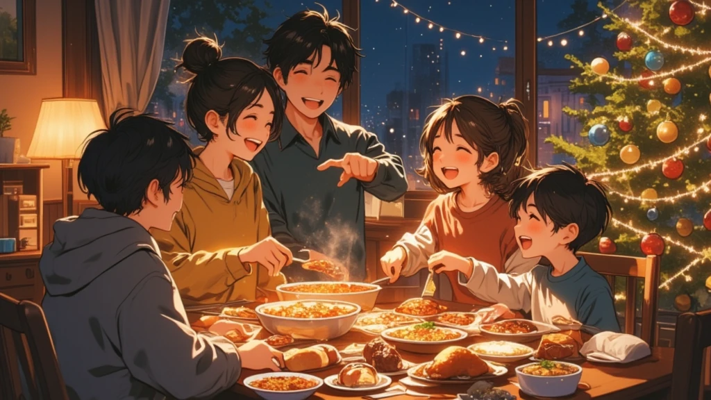 (Masterpiece, high quality, high definition, 4K, 8k,（（ anatomically correct human body 、Detailed face））detail、）、Christmas party scene at night 、Cute Animeスタイル、パパandママandお姉ちゃん（Junior high school students）and（）A family of 4 is 、 getting ready for the Christmas party 、 everyone is chatting happily and laughing、 chicken and cake on the table 、bread、シャンbreadが並んでいる、 Christmas tree decorations are shining、The happy atmosphere of the family is conveyed 、Cute Anime 、（ anatomically correct human body 、Detailed face、）