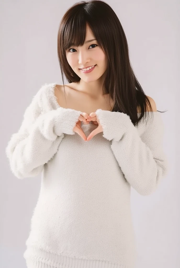 Only one woman with a cute smile wears cute, fluffy off-shoulder pajamas, makes a big heart shape with both hands, and poses them in front of her chest, View above collarbone、The background is a monotone 

