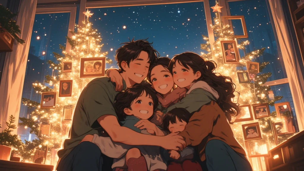 (Masterpiece, high quality, high definition, 4K, 8k,（（ anatomically correct human body 、Detailed face））、Cute anime style、detail、）、Christmas Night、 I'm trying to take a commemorative photo of my family in front of my Christmas tree、 What are cool dads and cute moms（ is a cute middle school student and 1 5-year-old boy 、1 girl is 10 years old ） hugging her 、 everyone in the family is smiling and having fun 、 The Christmas tree decorations are sparkling 、 outside the back window is snowing in the dark at night 、Happy family atmosphere 、Cute Anime 、 wrapped in the soft, warm light of the house 、（ anatomically correct human body 、Detailed face、）、Arrange photo frames diagonally 