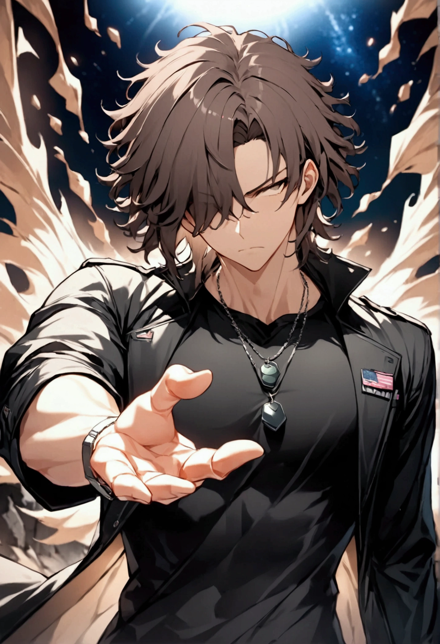 (masterpiece,  best quality:1.2), Wild medium haired young man with dark hair "Kurusu ", clothing:  dog tag necklace wearing a black long coat with a deep collar on a black t-shirt,  upper body focus ,  Bust Up Shot,simple background with a starry sky on one side,  raising his right hand with a serious expression （Pose where the right hand is ajar and the back of the hand is turned outward and the right wrist is grabbed with the left hand）,Rin々Shi, cool design art , best quality, shape,  very detailed, fine,  high definition, 8k wallpaper, Biologically accurate depiction, real 2D digital art,A black energy rises violently from all over the body, and debris floats around,psychic action hero, dark hero,dynamism, Tension,  cinematic lighting , moonlight, (  Best Composition  ), ( masterpiece), (Best Quality),The impact of high gravity distorts the body in the upper and lower axes (( Motion Blur：2.0,  background blur))