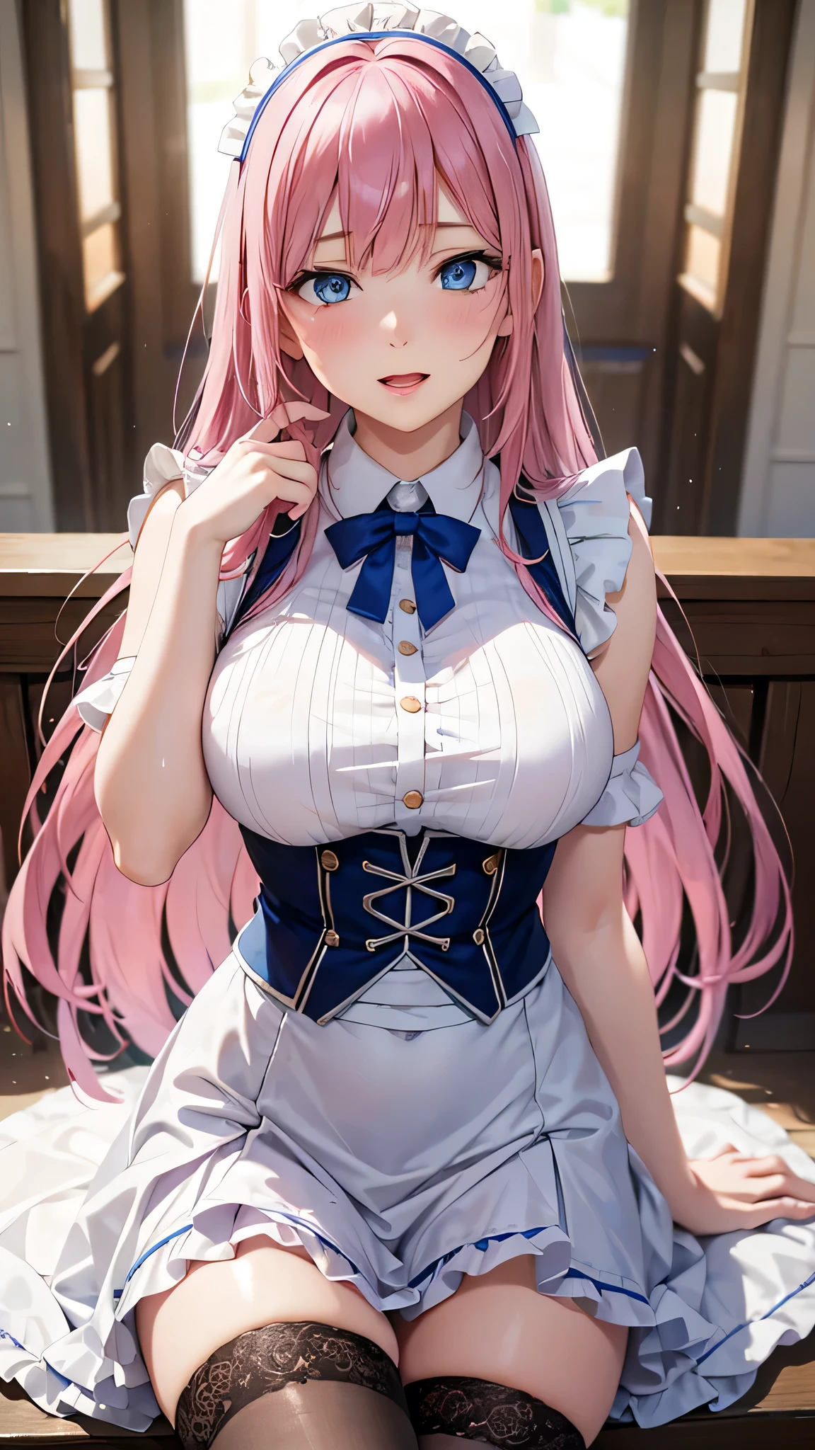  adult woman laughing, Alone,  sexy,8K resolution,((Best Quality)), ultra high resolution, ( embarrassed expression), ( blue eyes),  Beautiful Symmetrical Face , ( Long Pink Hair), maid clothes,Lace skirt, stockings ,Realistic:1.4,Realistic:1.4,(masterpiece:1.2), perfect eyes,Perfect Eyes, anatomically correct human body ,Perfect waist,Perfect thighs,(Open your mouth), open legs,Tavern