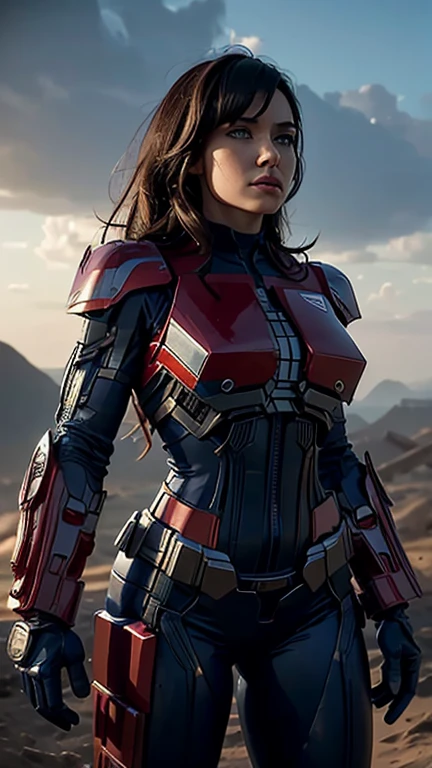 Transformers. Leader autobot: (A Woman Wearing costume: Optimus Prime Female bodysuit). Optimus prime reimagined as a human woman. 1girl, Solo, Breasts, Transformers, mechanic bodysuit. Hyperdetailed. Steel costume. Optimus Prime from michael bay movie's
