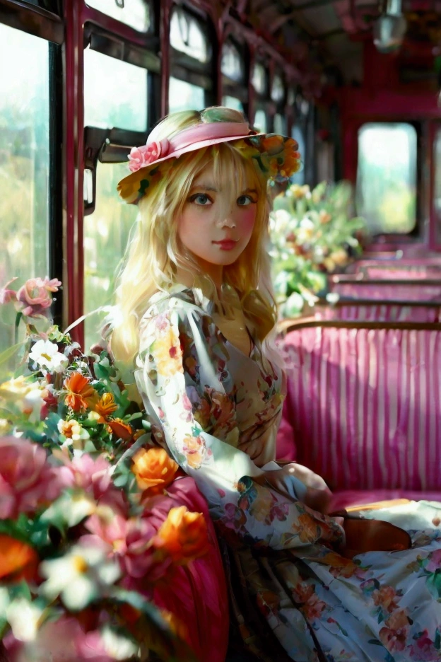 A beautiful blonde girl in a chic floral gown, sitting amidst a variety of fresh flowers in a retro pink train carriage. The sunlight streams in, illuminating the scene and creating a whimsical and enchanting vibe. The image is detailed and vibrant, with a photorealistic quality, inspired by the look of Kodak Portra 800 film, capturing an 8k level of detail.