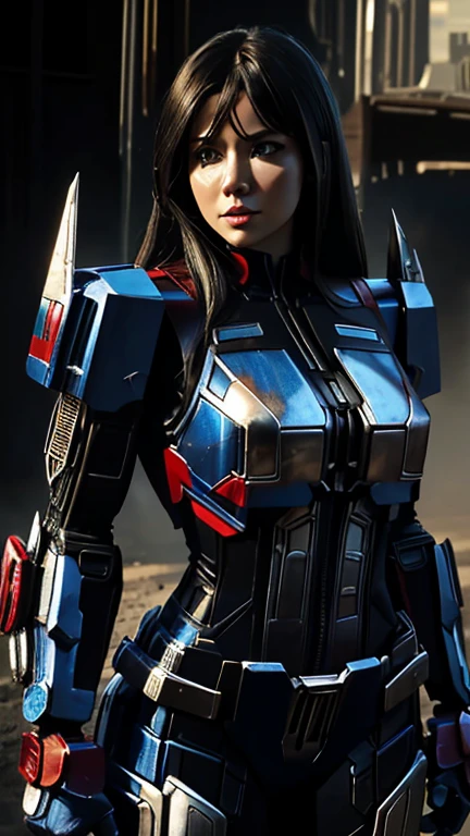 Transformers. Leader autobot: (A Woman Wearing costume: Optimus Prime Female bodysuit). Optimus prime reimagined as a human woman. 1girl, Solo, Breasts, Transformers, mechanic bodysuit. Hyperdetailed. Steel costume. Optimus Prime from michael bay movie's
