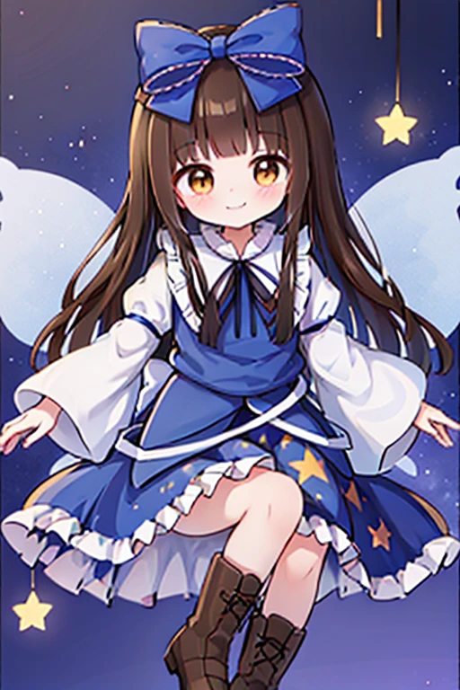 1girl, star sapphire (touhou), brown eyes, tareme, brown hair, hair bow, blue bow, fairy wings, sidelocks, blue dress, long sleeves, star print, boots

star sapphire, 1girl, solo, fairy_wings, smile, star_\(symbol\), hair_bow, marker_\(medium\), traditional_media, star_print, juliet_sleeves, closed_mouth, frills, blue_dress, blue_bow, looking_at_viewer, wide_sleeves, blush, fairy, blue_vest, purple_background, shirt, blue_ribbon, skirt
star-shaped_pupils, symbol-shaped_pupils, . gorgeous, key visual, vibrant, studio anime, award-winning, professional, highly detailed, high budget, cinemascope