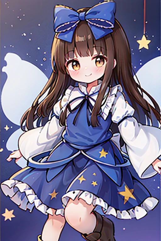 1girl, star sapphire (touhou), brown eyes, tareme, brown hair, hair bow, blue bow, fairy wings, sidelocks, blue dress, long sleeves, star print, boots

star sapphire, 1girl, solo, fairy_wings, smile, star_\(symbol\), hair_bow, marker_\(medium\), traditional_media, star_print, juliet_sleeves, closed_mouth, frills, blue_dress, blue_bow, looking_at_viewer, wide_sleeves, blush, fairy, blue_vest, purple_background, shirt, blue_ribbon, skirt
star-shaped_pupils, symbol-shaped_pupils, . gorgeous, key visual, vibrant, studio anime, award-winning, professional, highly detailed, high budget, cinemascope