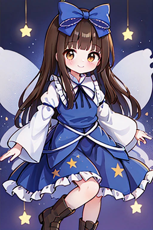 1girl, star sapphire (touhou), brown eyes, tareme, brown hair, hair bow, blue bow, fairy wings, sidelocks, blue dress, long sleeves, star print, boots

star sapphire, 1girl, solo, fairy_wings, smile, star_\(symbol\), hair_bow, marker_\(medium\), traditional_media, star_print, juliet_sleeves, closed_mouth, frills, blue_dress, blue_bow, looking_at_viewer, wide_sleeves, blush, fairy, blue_vest, purple_background, shirt, blue_ribbon, skirt
star-shaped_pupils, symbol-shaped_pupils, . gorgeous, key visual, vibrant, studio anime, award-winning, professional, highly detailed, high budget, cinemascope