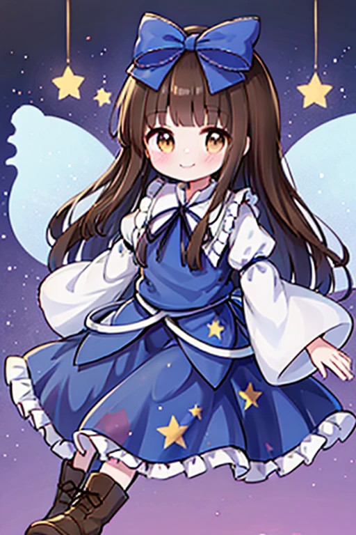 1girl, star sapphire (touhou), brown eyes, tareme, brown hair, hair bow, blue bow, fairy wings, sidelocks, blue dress, long sleeves, star print, boots

star sapphire, 1girl, solo, fairy_wings, smile, star_\(symbol\), hair_bow, marker_\(medium\), traditional_media, star_print, juliet_sleeves, closed_mouth, frills, blue_dress, blue_bow, looking_at_viewer, wide_sleeves, blush, fairy, blue_vest, purple_background, shirt, blue_ribbon, skirt
star-shaped_pupils, symbol-shaped_pupils, . gorgeous, key visual, vibrant, studio anime, award-winning, professional, highly detailed, high budget, cinemascope