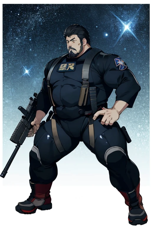 A Japanese thick muscler 55yo male wearing tight body suit is standing with an assault rifle, Thick arms, Thick legs, thick body, Very short hair, Very short goatee, Space Battleship Yamato, macross, Legend of the Galactic Heroes, star wars, star trek 