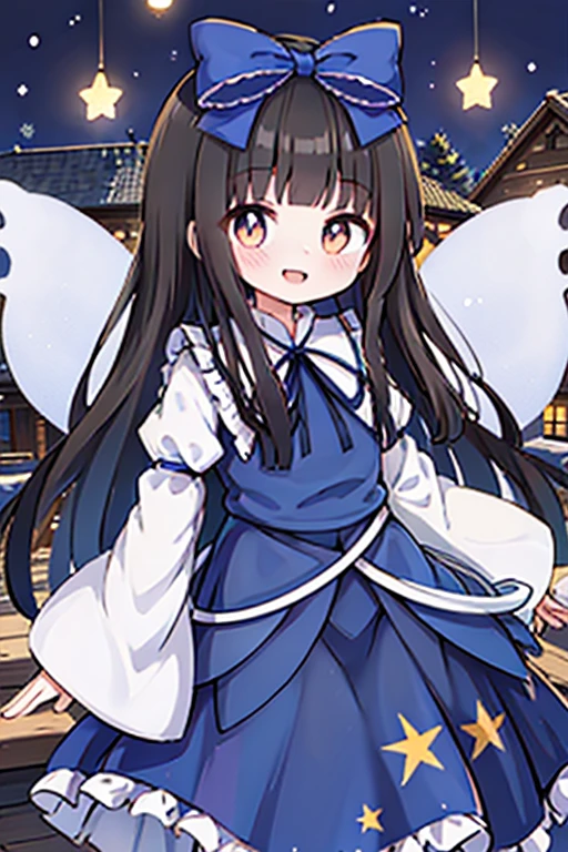 star sapphire, 1girl, solo, fairy_wings, smile, star_\(symbol\), hair_bow, marker_\(medium\), traditional_media, star_print, juliet_sleeves, closed_mouth, frills, blue_dress, blue_bow, looking_at_viewer, wide_sleeves, blush, fairy, blue_vest, purple_background, shirt, blue_ribbon, skirt
star-shaped_pupils, symbol-shaped_pupils, . gorgeous, key visual, vibrant, studio anime, award-winning, professional, highly detailed, high budget, cinemascope

(masterpiece), (best quality), (ultra-detailed), (illustration), solo, 1girl, (In the log house:1.1), light smile, table, sittng, open mouth, star sapphire touhou long hair black hair hime cut blue hair bow blue dress with star standing wings, Snow is falling outside the window