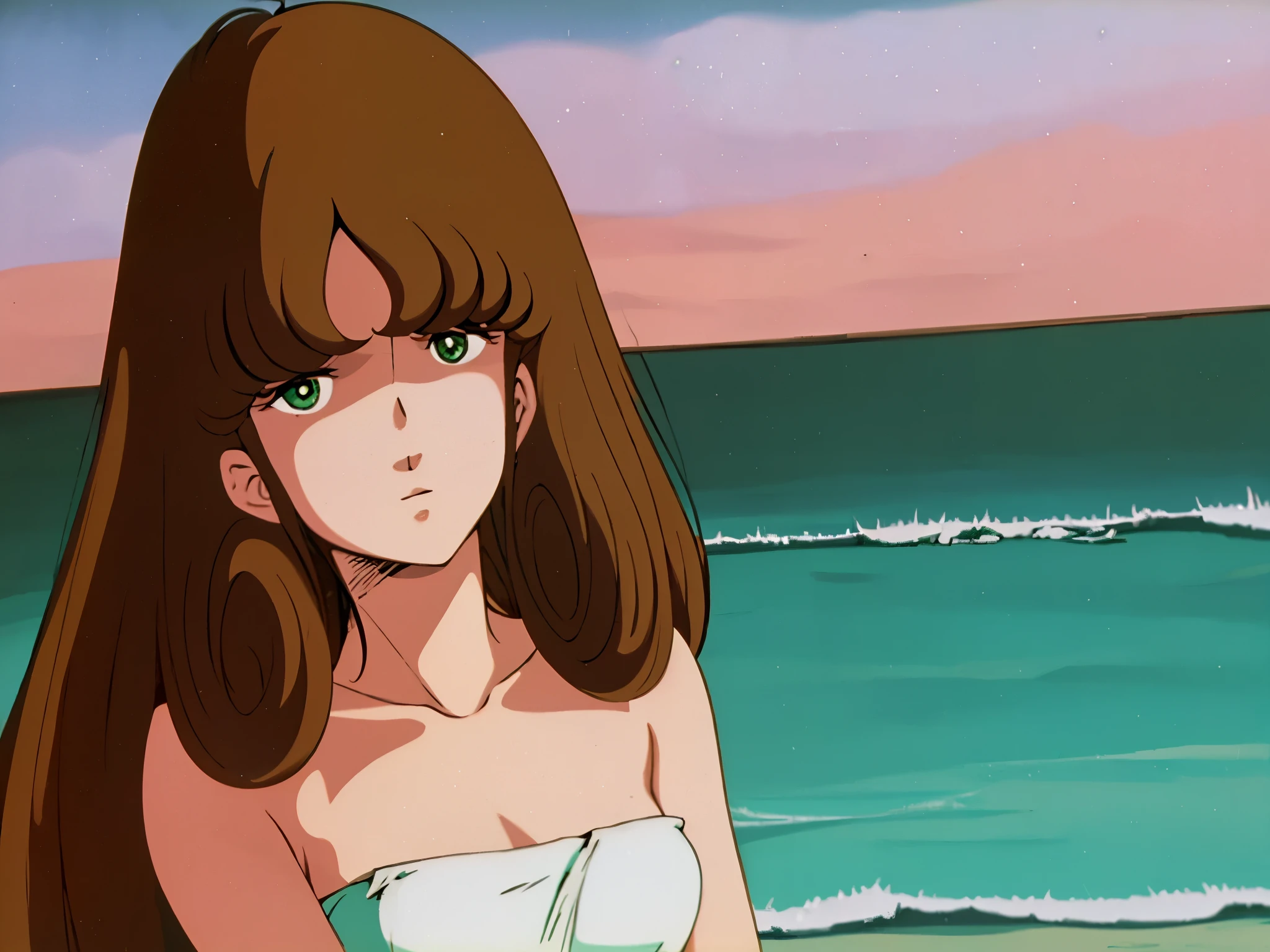 Hayase Misa, retro artstyle, 1980s \(style\), 1girl, brown hair, solo, long hair, green eyes, naked towel, on the beach at night