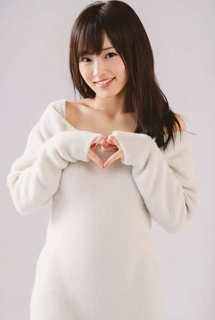 Only one woman with a cute smile wears cute, fluffy off-shoulder pajamas, makes a big heart shape with both hands, and poses them in front of her chest, View above collarbone、The background is a monotone 

