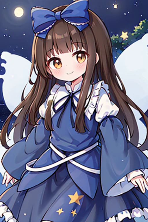 1girl, star sapphire, brown eyes, brown hair, long hair, blunt bangs, blue bow, blue dress, blue ribbon, long sleeves, wide sleeves, ((fairy wings)), moon, night, moonlight, beautiful starry sky, forest, smile, cute fairy_wings, smile, star_\\(symbol\\), hair_bow, marker_\\(medium\\), traditional_media, star_print, juliet_sleeves, closed_mouth, frills, blue_dress, blue_bow, looking_at_viewer, wide_sleeves, blush, fairy, blue_vest, purple_background, shirt, blue_ribbon, skirt star-shaped_pupils, symbol-shaped_pupils, . gorgeous, key visual, vibrant, studio anime, award-winning, professional, highly detailed, high budget, cinemascope