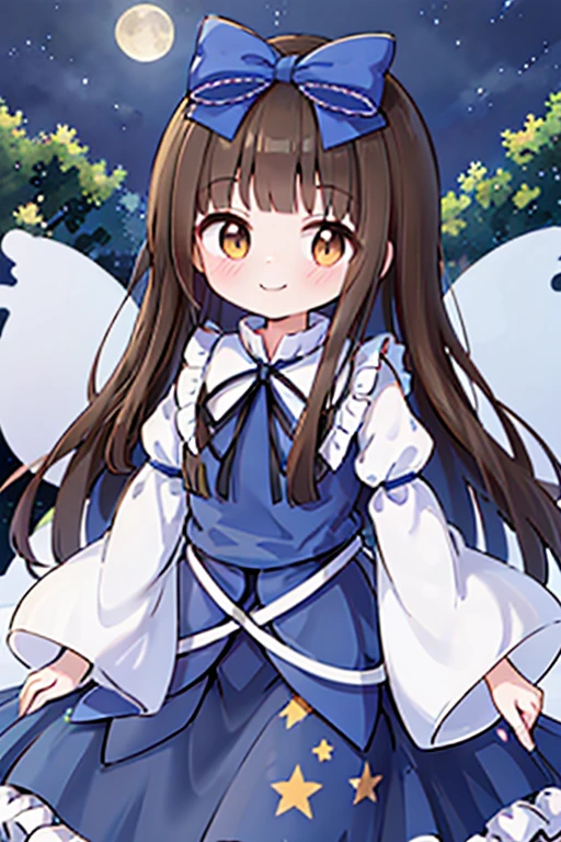 1girl, star sapphire, brown eyes, brown hair, long hair, blunt bangs, blue bow, blue dress, blue ribbon, long sleeves, wide sleeves, ((fairy wings)), moon, night, moonlight, beautiful starry sky, forest, smile, cute fairy_wings, smile, star_\\(symbol\\), hair_bow, marker_\\(medium\\), traditional_media, star_print, juliet_sleeves, closed_mouth, frills, blue_dress, blue_bow, looking_at_viewer, wide_sleeves, blush, fairy, blue_vest, purple_background, shirt, blue_ribbon, skirt star-shaped_pupils, symbol-shaped_pupils, . gorgeous, key visual, vibrant, studio anime, award-winning, professional, highly detailed, high budget, cinemascope