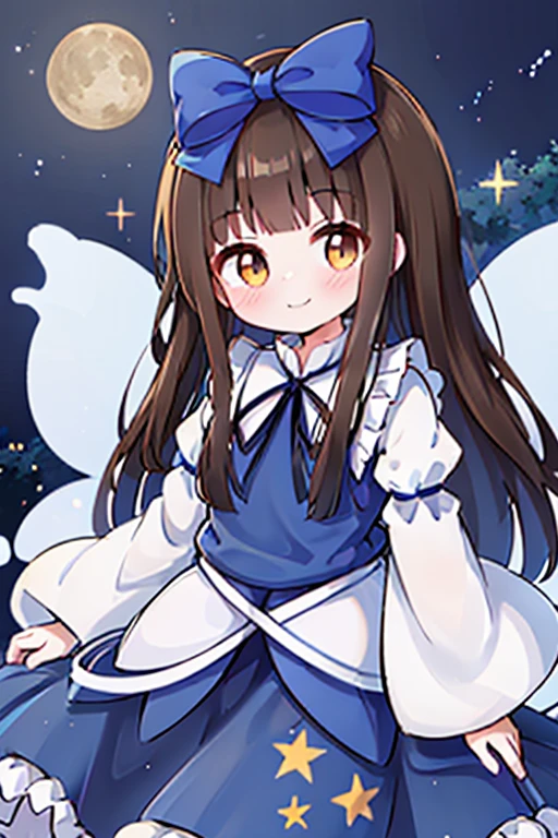 1girl, star sapphire, brown eyes, brown hair, long hair, blunt bangs, blue bow, blue dress, blue ribbon, long sleeves, wide sleeves, ((fairy wings)), moon, night, moonlight, beautiful starry sky, forest, smile, cute fairy_wings, smile, star_\\(symbol\\), hair_bow, marker_\\(medium\\), traditional_media, star_print, juliet_sleeves, closed_mouth, frills, blue_dress, blue_bow, looking_at_viewer, wide_sleeves, blush, fairy, blue_vest, purple_background, shirt, blue_ribbon, skirt star-shaped_pupils, symbol-shaped_pupils, . gorgeous, key visual, vibrant, studio anime, award-winning, professional, highly detailed, high budget, cinemascope