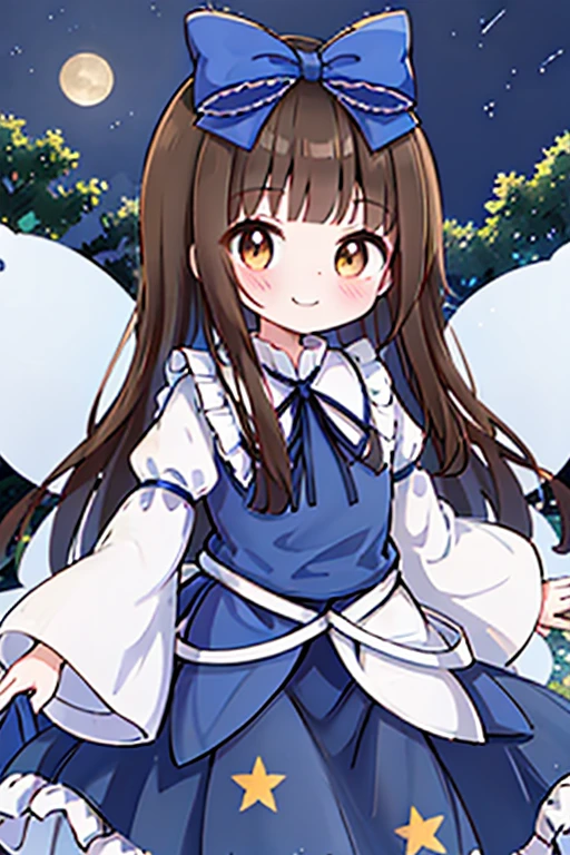 1girl, star sapphire, brown eyes, brown hair, long hair, blunt bangs, blue bow, blue dress, blue ribbon, long sleeves, wide sleeves, ((fairy wings)), moon, night, moonlight, beautiful starry sky, forest, smile, cute fairy_wings, smile, star_\\(symbol\\), hair_bow, marker_\\(medium\\), traditional_media, star_print, juliet_sleeves, closed_mouth, frills, blue_dress, blue_bow, looking_at_viewer, wide_sleeves, blush, fairy, blue_vest, purple_background, shirt, blue_ribbon, skirt star-shaped_pupils, symbol-shaped_pupils, . gorgeous, key visual, vibrant, studio anime, award-winning, professional, highly detailed, high budget, cinemascope