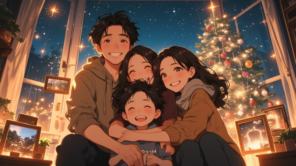 (Masterpiece, high quality, high definition, 4K, 8k,（（ anatomically correct human body 、Detailed face））、Cute anime style、detail、）、Christmas Night、 I'm trying to take a commemorative photo of my family in front of my Christmas tree、 What are cool dads and cute moms、2 people（ cute middle school student and 5 year old boy ） and 1 girl hugging from behind、 everyone in the family is smiling and having fun 、 the Christmas tree decorations are sparkling 、 outside the back window is snowing in the dark at night 、Happy family atmosphere 、Cute Anime 、 wrapped in the soft, warm light of the house 、（ anatomically correct human body 、 anatomically correct hand、Detailed and cute smiles ）、Arrange photo frames diagonally 