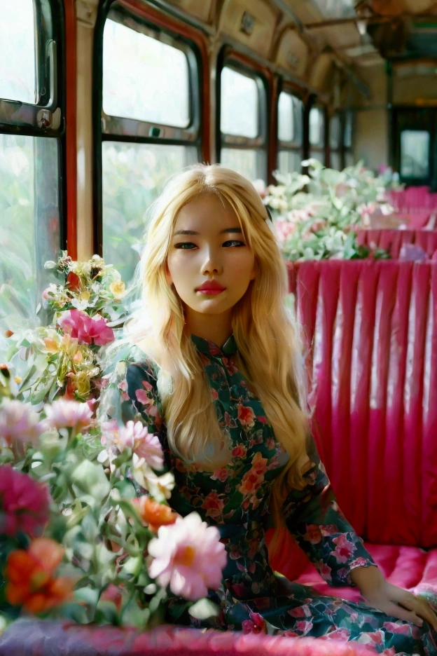 A beautiful blonde woman in a Myanmar floral dress, sitting amidst a variety of fresh flowers in a retro pink train carriage. The sunlight streams in, illuminating the scene and creating a whimsical and enchanting vibe. The image is detailed and vibrant, with a photorealistic quality, inspired by the look of Kodak Portra 800 film, capturing an 8k level of detail.