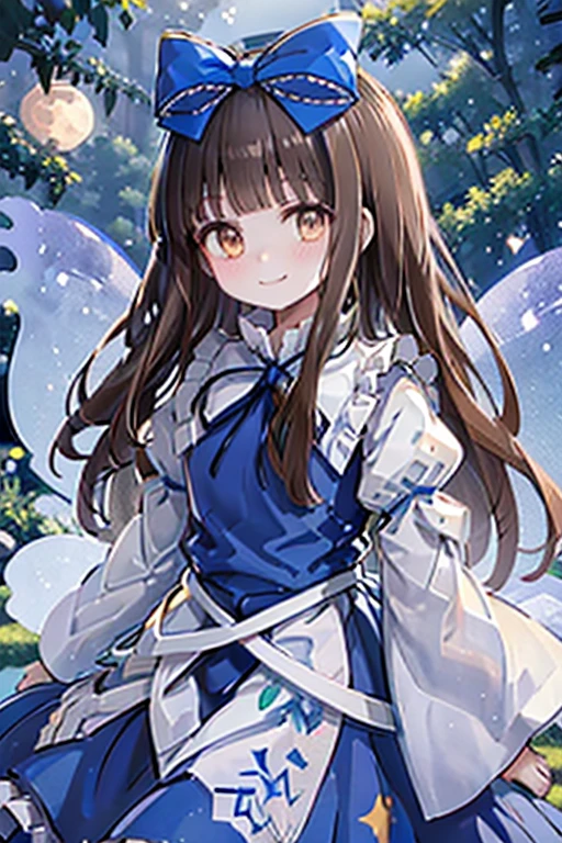 1girl, star sapphire, brown eyes, brown hair, long hair, blunt bangs, blue bow, blue dress, blue ribbon, long sleeves, wide sleeves, ((fairy wings)), moon, night, moonlight, beautiful starry sky, forest, smile, cute fairy_wings, smile, star_\\(symbol\\), hair_bow, marker_\\(medium\\), traditional_media, star_print, juliet_sleeves, closed_mouth, frills, blue_dress, blue_bow, looking_at_viewer, wide_sleeves, blush, fairy, blue_vest, purple_background, shirt, blue_ribbon, skirt star-shaped_pupils, symbol-shaped_pupils, . gorgeous, key visual, vibrant, studio anime, award-winning, professional, highly detailed, high budget, cinemascope