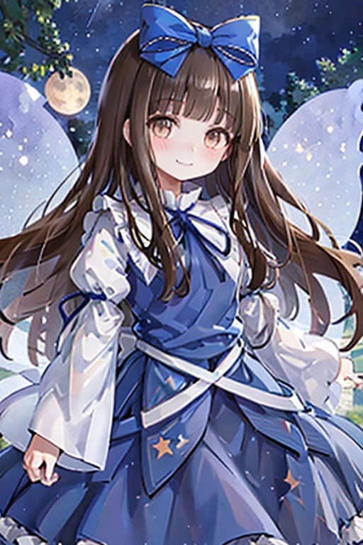 1girl, star sapphire, brown eyes, brown hair, long hair, blunt bangs, blue bow, blue dress, blue ribbon, long sleeves, wide sleeves, ((fairy wings)), moon, night, moonlight, beautiful starry sky, forest, smile, cute fairy_wings, smile, star_\\(symbol\\), hair_bow, marker_\\(medium\\), traditional_media, star_print, juliet_sleeves, closed_mouth, frills, blue_dress, blue_bow, looking_at_viewer, wide_sleeves, blush, fairy, blue_vest, purple_background, shirt, blue_ribbon, skirt star-shaped_pupils, symbol-shaped_pupils, . gorgeous, key visual, vibrant, studio anime, award-winning, professional, highly detailed, high budget, cinemascope