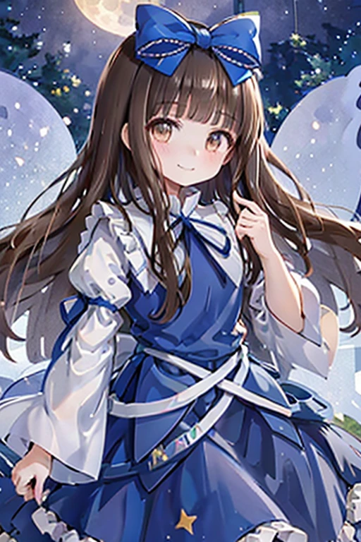 1girl, star sapphire, brown eyes, brown hair, long hair, blunt bangs, blue bow, blue dress, blue ribbon, long sleeves, wide sleeves, ((fairy wings)), moon, night, moonlight, beautiful starry sky, forest, smile, cute fairy_wings, smile, star_\\(symbol\\), hair_bow, marker_\\(medium\\), traditional_media, star_print, juliet_sleeves, closed_mouth, frills, blue_dress, blue_bow, looking_at_viewer, wide_sleeves, blush, fairy, blue_vest, purple_background, shirt, blue_ribbon, skirt star-shaped_pupils, symbol-shaped_pupils, . gorgeous, key visual, vibrant, studio anime, award-winning, professional, highly detailed, high budget, cinemascope