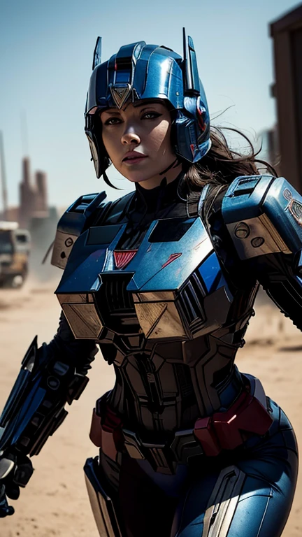 Transformers. Leader autobot: (A Woman Wearing a sexy costume: Optimus Prime Female armor bodysuit). Optimus prime (From bayverse) is reimagined as a human woman. 1girl, Solo, Breasts, Transformers, mechanic armor bodysuit. Hyperdetailed. Steel costume. Optimus Prime from michael bay movie's. High detailed metallic optimus prime helmet. Armor with battle damage. Blue & Red details. Cinematic composition. Depth of field. Showing her woman's face. Beautiful face. 
