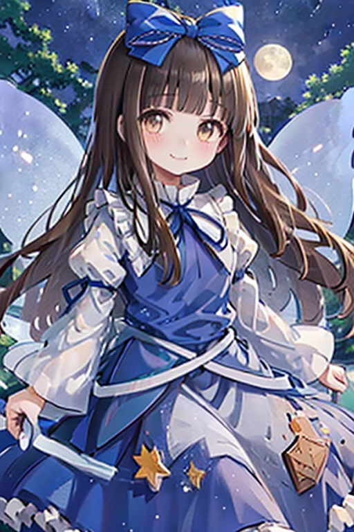 1girl, star sapphire, brown eyes, brown hair, long hair, blunt bangs, blue bow, blue dress, blue ribbon, long sleeves, wide sleeves, ((fairy wings)), moon, night, moonlight, beautiful starry sky, forest, smile, cute

star sapphire, 1girl, solo, fairy_wings, smile, star_\(symbol\), hair_bow, marker_\(medium\), traditional_media, star_print, juliet_sleeves, closed_mouth, frills, blue_dress, blue_bow, looking_at_viewer, wide_sleeves, blush, fairy, blue_vest, purple_background, shirt, blue_ribbon, skirt
star-shaped_pupils, symbol-shaped_pupils, . gorgeous, key visual, vibrant, studio anime, award-winning, professional, highly detailed, high budget, cinemascope