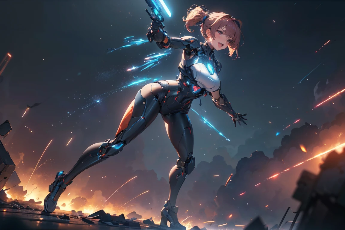 ((masterpiece, highest quality, Highest image quality, High resolution, photorealistic, Raw photo, Extremely detailed CG unified 8k wallpaper)), (huge stunning goddess shot, very hot and sexy, jaw-dropping beauty, perfect proportions, beautiful body, slim body beauty:1.4), cyborg girl holding and shooting machine guns in both hands, cyberpunk style, short red hair, golden eyes, laughing hysterically, flying shell casings reflecting neon light, dynamic action pose, Seductive pose, ( clear focus :1.2), ( depth of field :1.2), (  Full Body Shot  ,  Dynamic Angle),  Professional Lighting, break ( Ultra Definition Robot Standing with Machines Destroyed on a War-torn Battlefield),