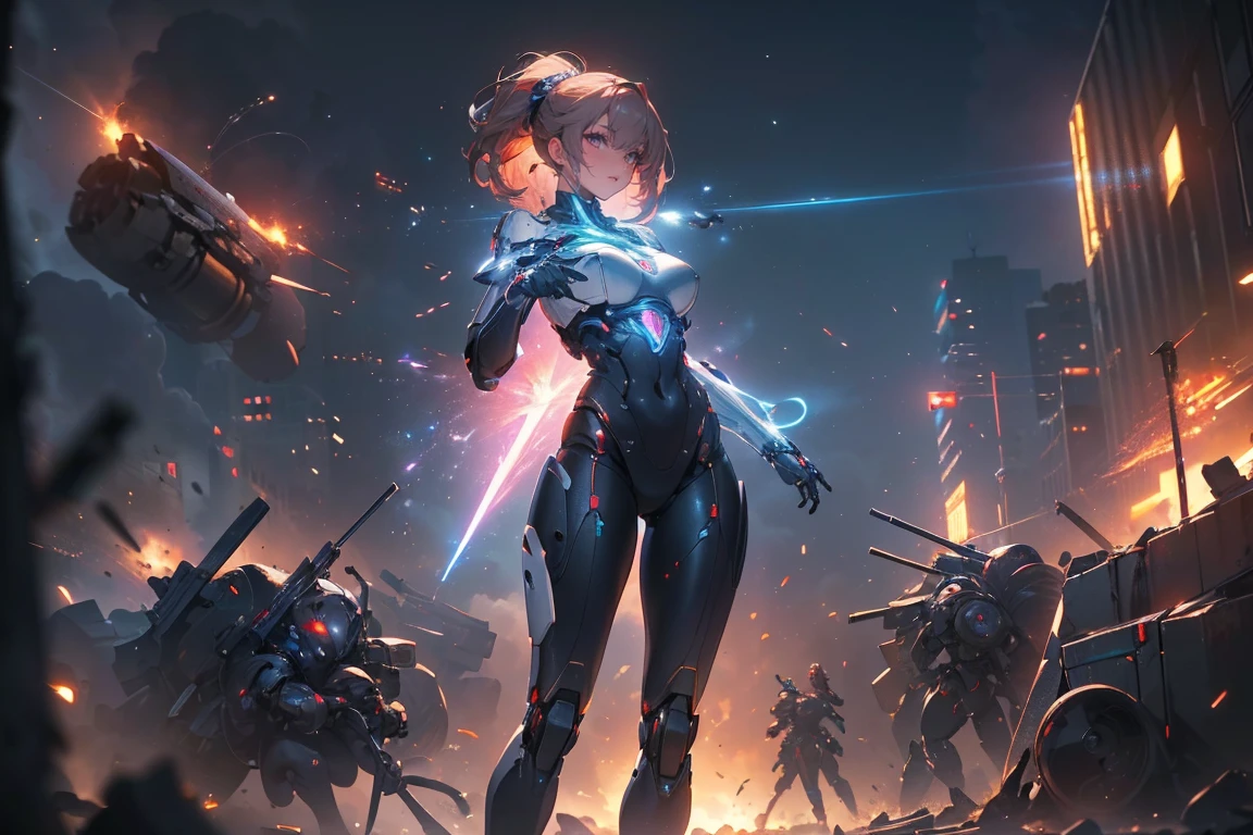 ((masterpiece, highest quality, Highest image quality, High resolution, photorealistic, Raw photo, Extremely detailed CG unified 8k wallpaper)), (huge stunning goddess shot, very hot and sexy, jaw-dropping beauty, perfect proportions, beautiful body, slim body beauty:1.4), cyborg girl holding and shooting machine guns in both hands, cyberpunk style, short red hair, golden eyes, laughing hysterically, flying shell casings reflecting neon light, dynamic action pose, Seductive pose, ( clear focus :1.2), ( depth of field :1.2), (  Full Body Shot  ,  Dynamic Angle),  Professional Lighting, break ( Ultra Definition Robot Standing with Machines Destroyed on a War-torn Battlefield),