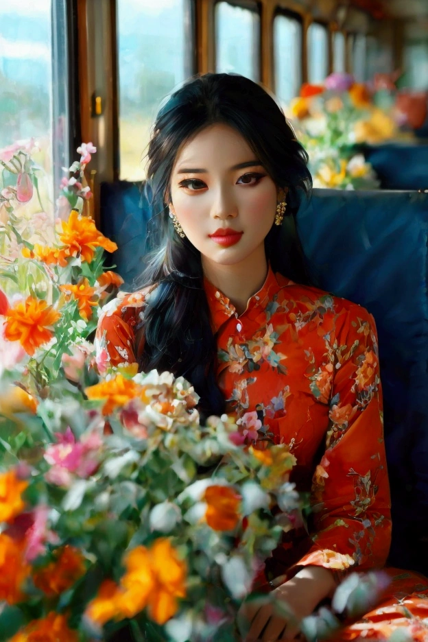 A beautiful  woman,long black hair ,in a Myanmar floral dress, sitting amidst a variety of fresh flowers in a retro blue train carriage. The sunlight streams in, illuminating the scene and creating a whimsical and enchanting vibe. The image is detailed and vibrant, with a photorealistic quality, inspired by the look of Kodak Portra 800 film, capturing an 8k level of detail.