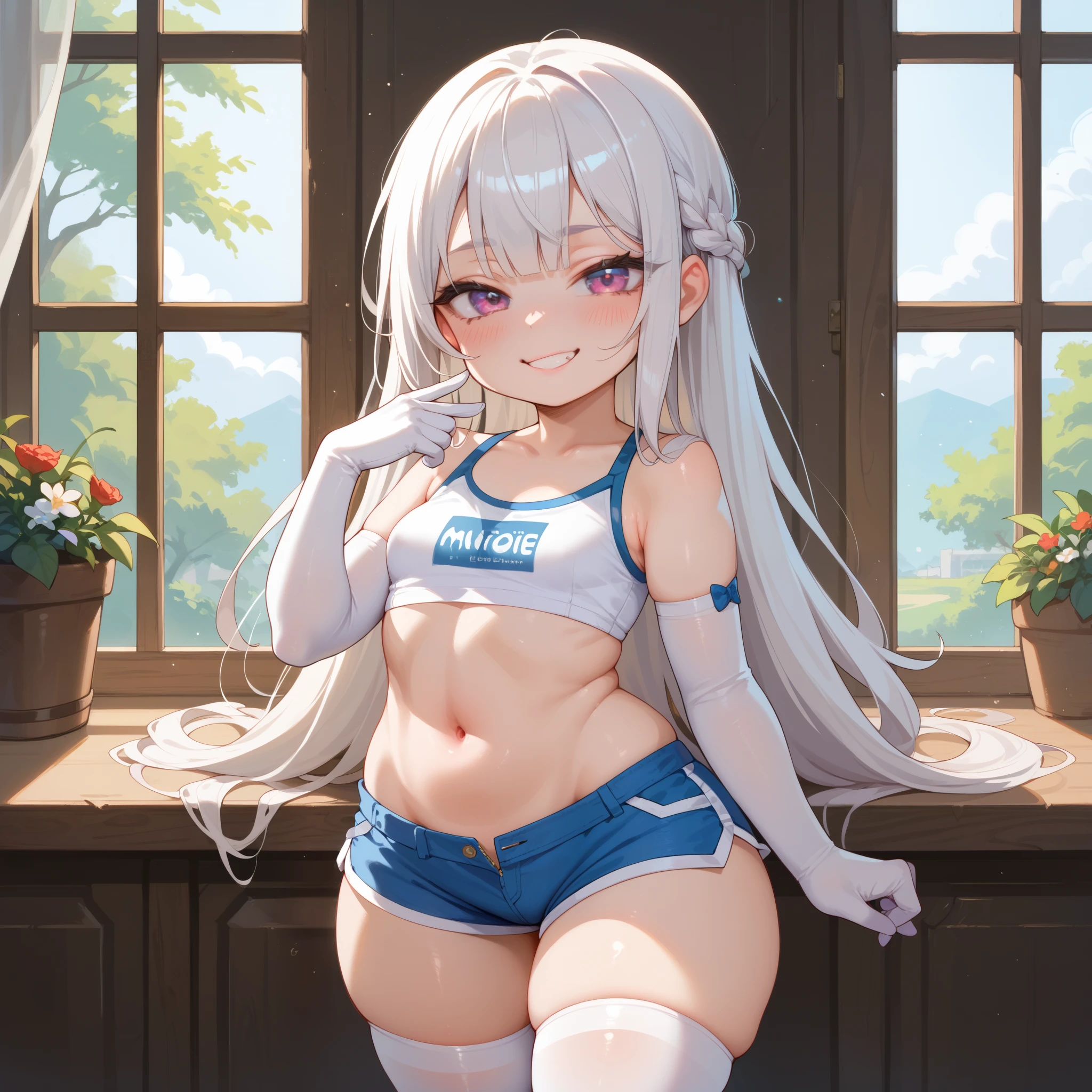 score_9, score_8_up, score_7_up, masterpiece, best quality, highly sexual poses,loli, elinxl,1girl, solo, white hair, long hair, looking at viewer, skin indentation, blush, smug, lewd smile, small breasts, crop top, shorts, hips, thighs, elbow gloves, thigh highs, standing, shortstack, curvy, animetoreal