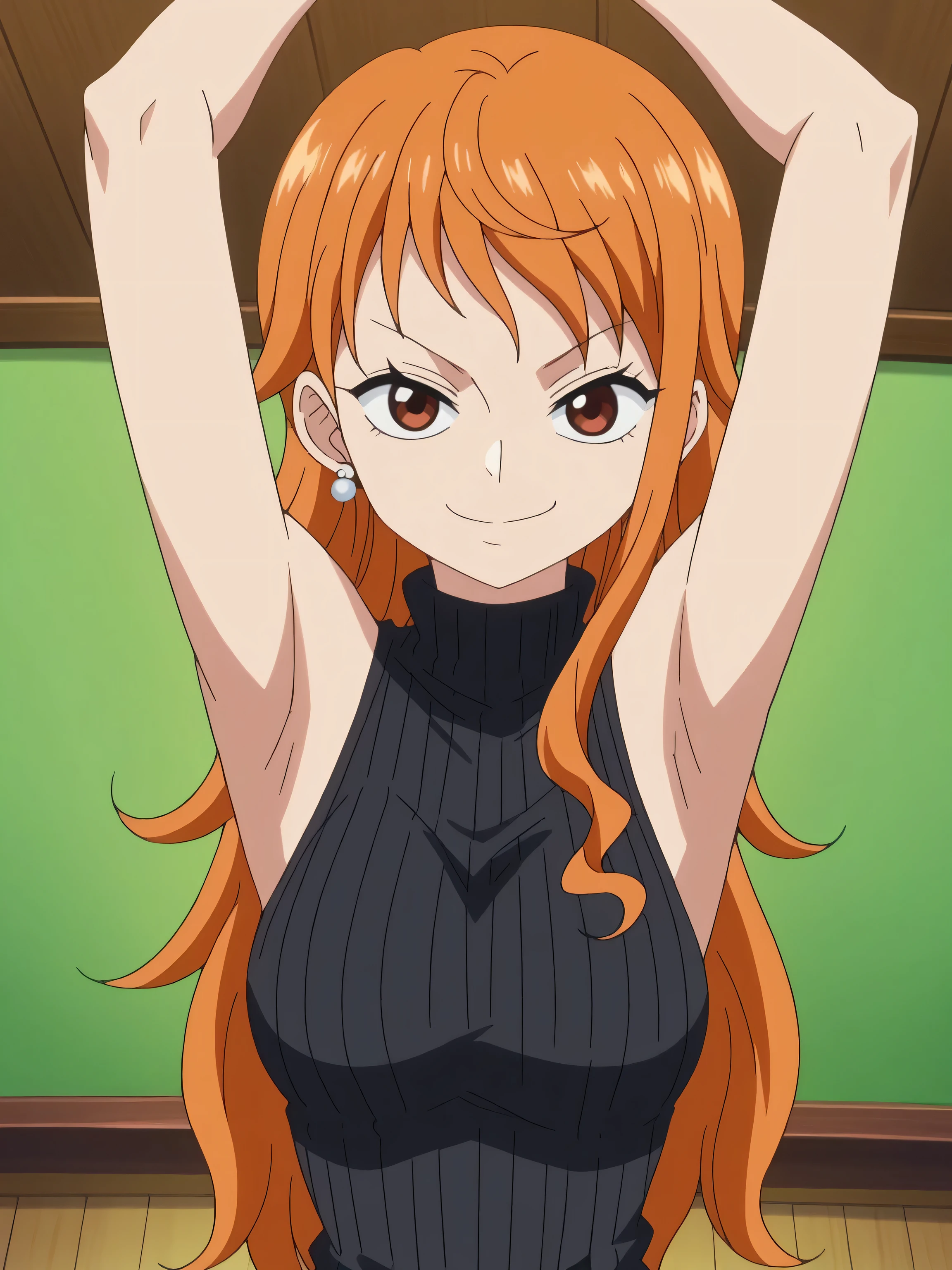 score_9, score_8_up, score_7_up, source_anime, anime screencap, 1girl, solo, nami, long hair, orange hair, brown eyes, jewelry, earrings, black sweater, ribbed sweater, turtleneck, sleeveless, arms up, raised arms, armpits, looking at viewer, smile, smug, closed mouth, indoors, from above, badhandv4