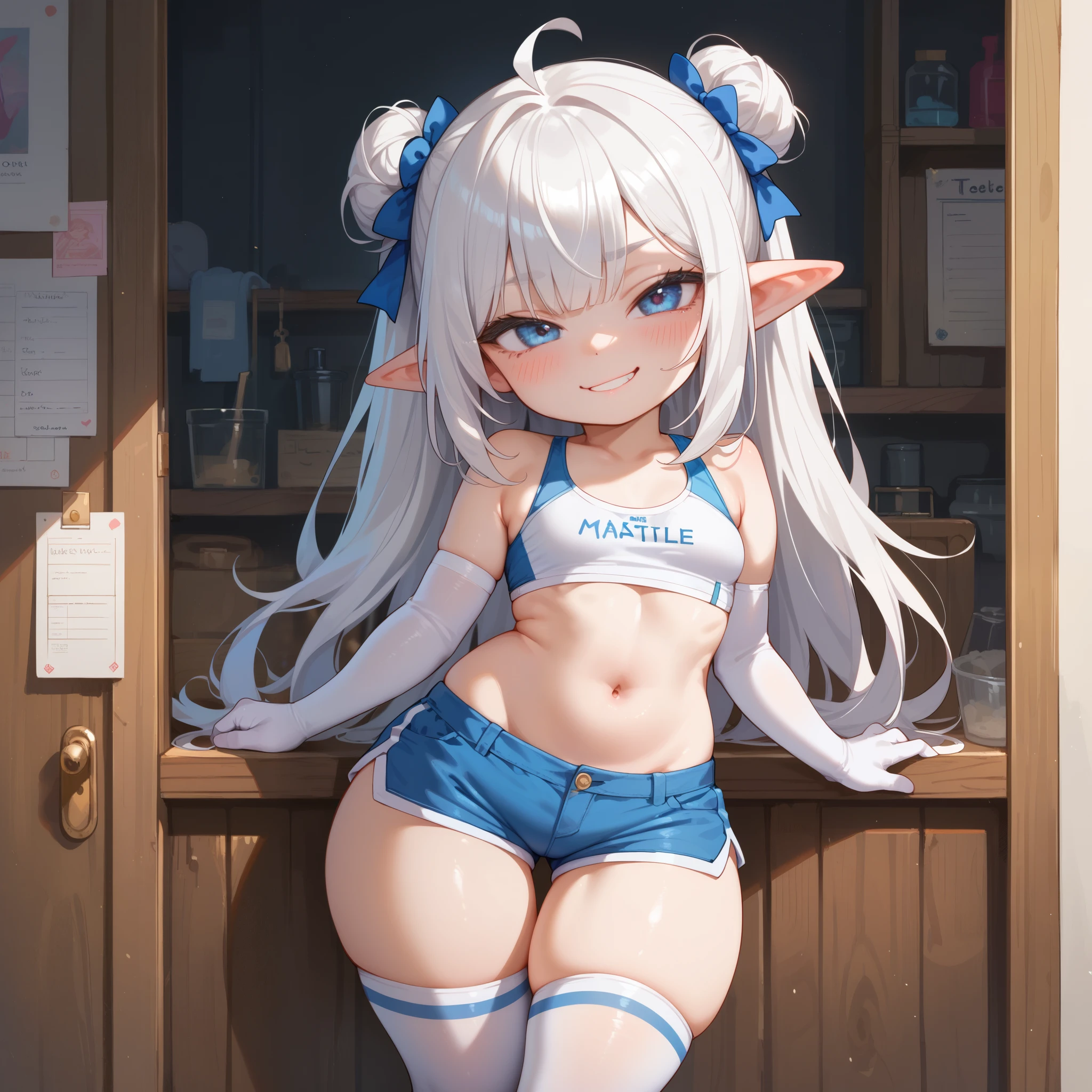 score_9, score_8_up, score_7_up, masterpiece, best quality, highly sexual poses,****, elinxl,1girl, solo, white hair, long hair, looking at viewer, skin indentation, blush, smug, lewd smile, small breasts, crop top, shorts, hips, thighs, elbow gloves, thigh highs, standing, shortstack, animetoreal
