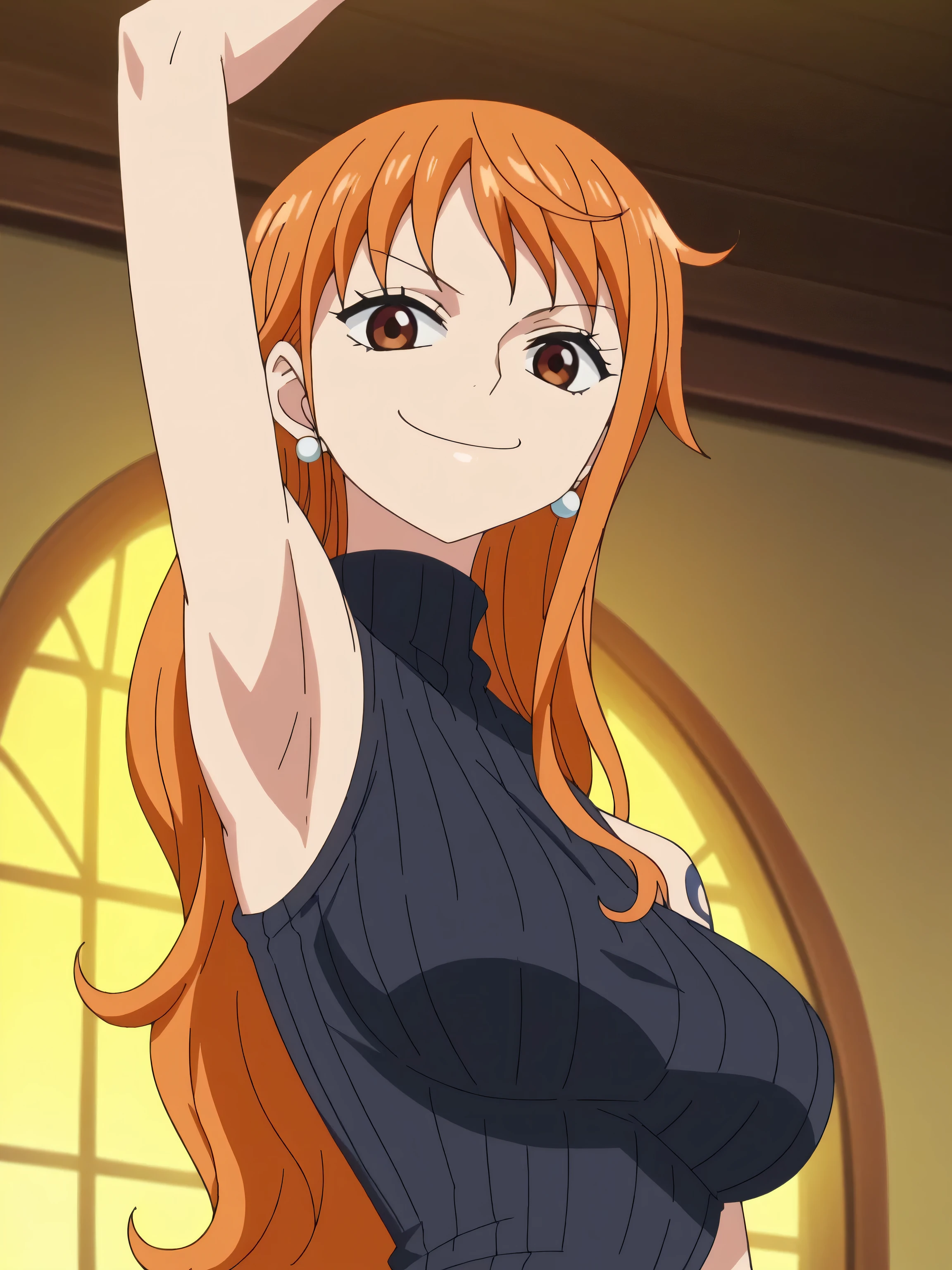 score_9, score_8_up, score_7_up, source_anime, anime screencap, 1girl, solo, nami, long hair, orange hair, brown eyes, jewelry, earrings, black sweater, ribbed sweater, turtleneck, sleeveless, arm up, raised arm, armpit, looking at viewer, smile, smug, closed mouth, indoors, from side, from below, badhandv4