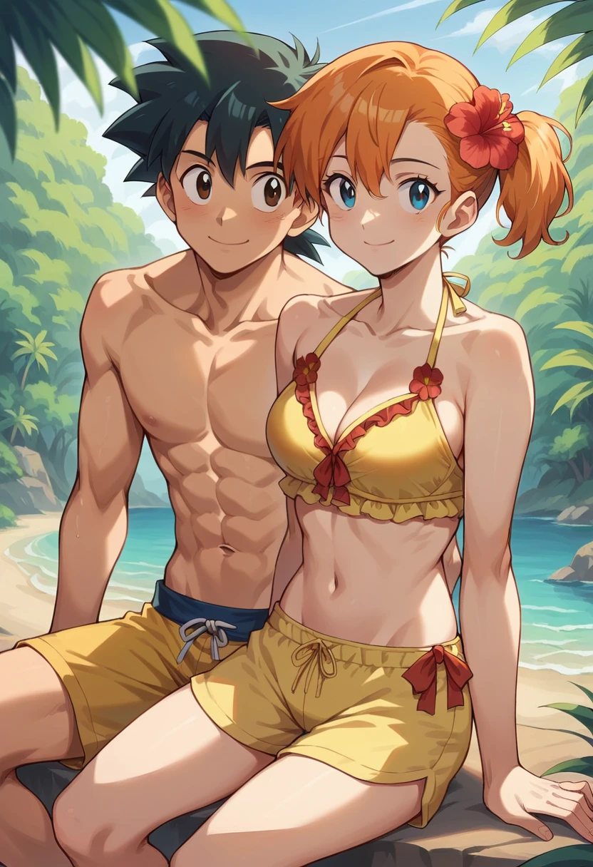 1boy, ash ketchum, black hair, brown eyes, hair between eyes, on beach, shirtless, blue male swimwear, handsome boy, macho, good looking boy, pkmnmisty, 1girl, blue eyes, orange hair, short hair, side ponytail, bangs, hair tie,yellow shirt, yellow bikini, frills, yellow shorts, bikini shorts, hair flower, hibiscus, sleeveless,smile,closed mouth,cowboy shot,sitting,forest,outdoor,(insanely detailed, beautiful detailed face, masterpiece, best quality) cinematic lighting, at sunset 