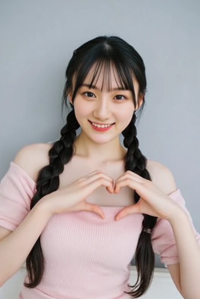 Only one woman with a cute smile wears cute, fluffy off-shoulder pajamas, makes a big heart shape with both hands, and poses them in front of her chest, View above collarbone、The background is a monotone 

