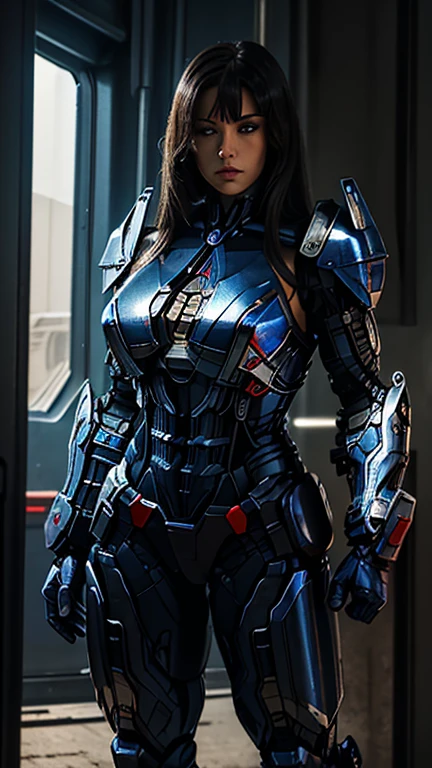 Transformers. Leader autobot: (A Woman Wearing a sexy half naked costume: futurist Optimus Prime Female armor bodysuit). Optimus prime (From bayverse) is reimagined as a human woman. 1girl, Solo, Breasts, Transformers, mechanic armor bodysuit. Hyperdetailed. Steel costume. Optimus Prime from michael bay movie's. High detailed metallic optimus prime helmet. Armor with battle damage. Blue & Red details. Cinematic composition. Depth of field. Showing her woman's face. Beautiful face. 
