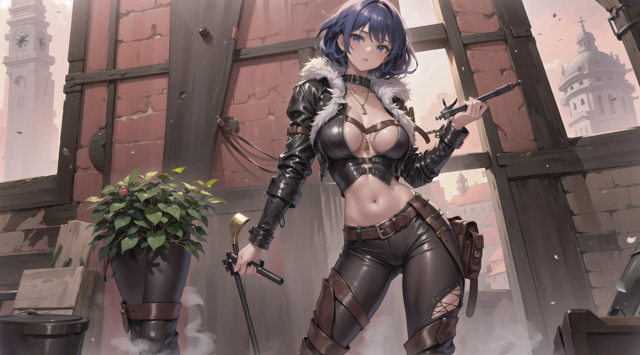 (score_9)、(score_8_up)、Rating:Blatant、、source_anime、(Round Breasts:1.5)、Nipples are hidden、(Pussyがのぞいている、Pussy:1)、(Large Breasts:1.8)、(Narrow waist、Thin Hips:1.2)、(No underwear:1.3)、BlueMary、short hair、blue eyes、pants、Crop top、turtleneck、belt、necklace、Fingerless gloves、Sideboob、Torn clothes、Grin、Big Mouth、