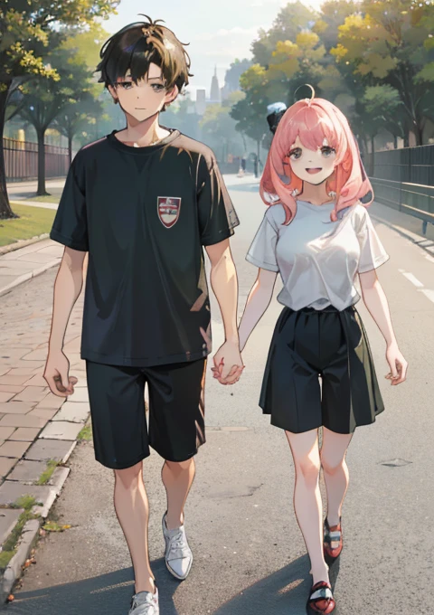  Wrong complex detail  ，  movie lights ，4K，  best quality ，masterpiece，  a boy and a girl walking in the park，hold hands，The girl is very happy，Shorts girl ，Short sleeve